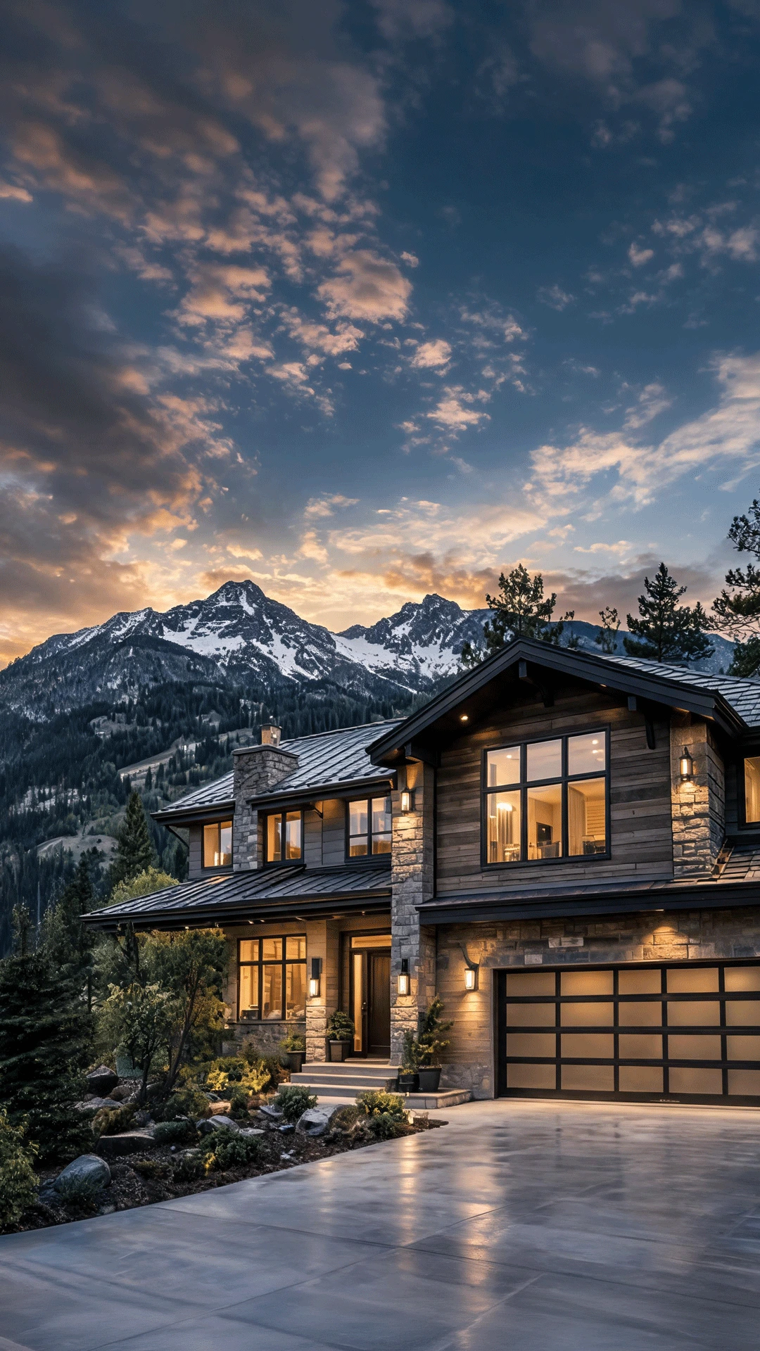 Premium mountain home exterior at golden hour